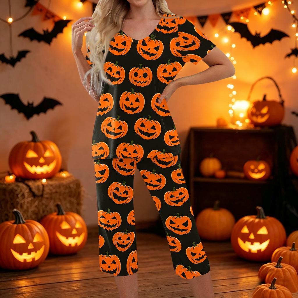 Women Two Piece Halloween Print Set Short Sleeve Top and Cropped Pants Casual Sportswear Outfit for Daily Wear Lounge Home