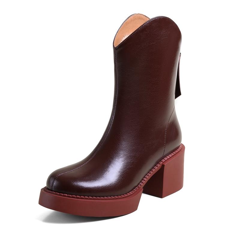 Fashion 2025 Winter New Women Boots Women Shoes Round Toe Square Heel Real Wool Thick Heel Short Boots Solid Color Womens Platform Heels