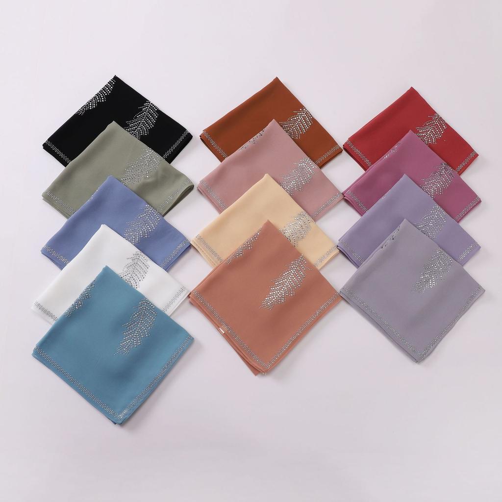 90Cm Luxury Rhinestone Feather Square Bubble Chiffon Instant Hijabs Shawls Lady High Quality Wrap Bufandas Ramadan Muslim Sjaal