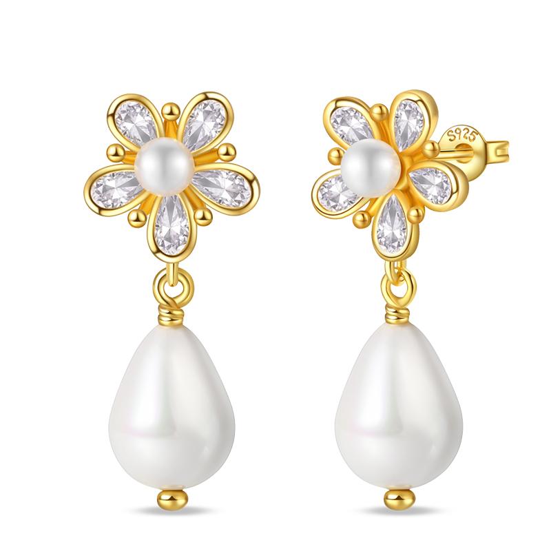 Women's 925 Silver Classic Gold Pearl Inlaid Earrings Elegant Suitable For Engagement Wedding Party Exquisite Jewelry