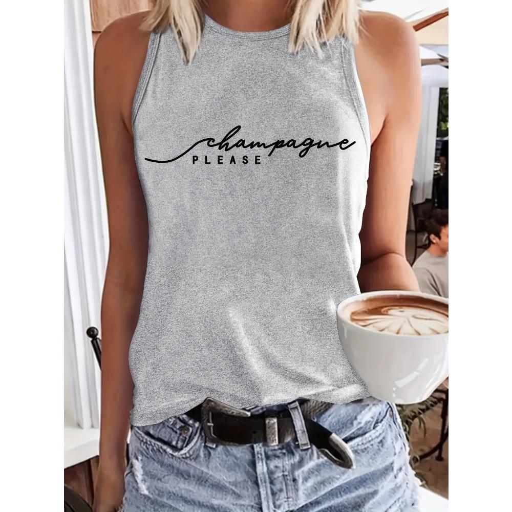 

Women s round neck champagne printed sleeveless T-shirt, casual T-shirt with letters printed, summer top 4XL