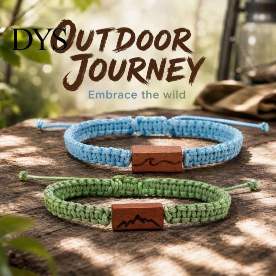 Sturdy Braided Rope for Daily Wear Adjustable Bracelet with Wooden Charm, Ocean Wave/Mountain Unisex Couples Women Men, Handmade Bracelet, Romantic
