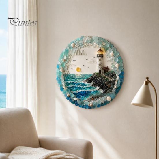 Beach House Decor Lighthouse Sea Glass Art Wall Ornament, Hand Assembled Shells And Tumbled Housewarming Gift for Decor, Style Decorative Hanging