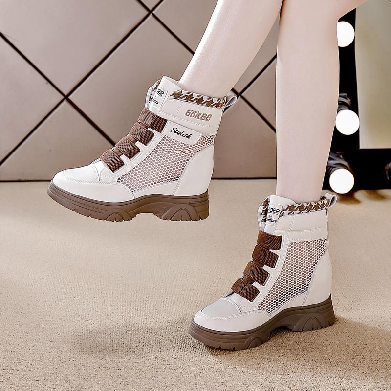 Сетчатые женские туфли весенне-летние новые повседневные туфли на танкетке без шнуровки средней высоты ботинки Мартин на танкетке дышащие женские туфли 34