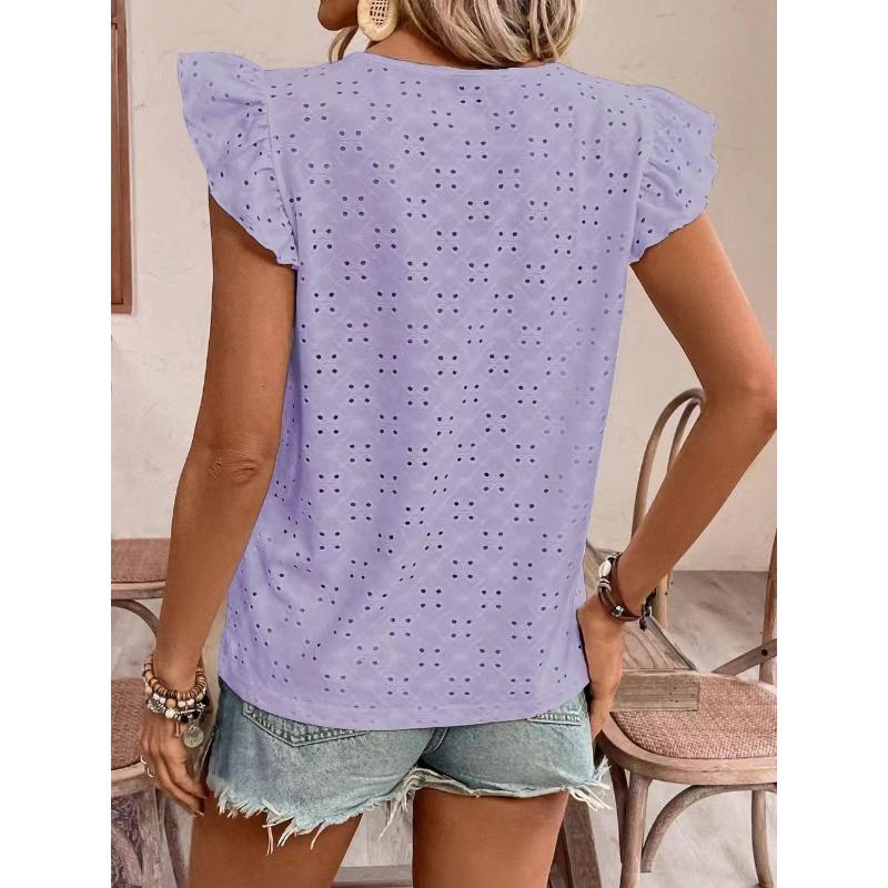 YYFS Damenmode Lässig Frühling Sommer Einfarbig Druck Kurzarm O-Ausschnitt Blusen & Hemden