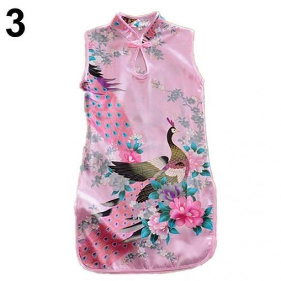 Elegant Children Girls Chinese Cheongsam Dress With Floral Peacock Pattern Sleeveless Summer Wear
