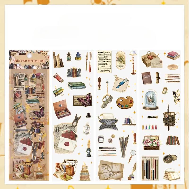 3ks/sada Laserové transparentní vodotěsné retro PET samolepky na ruční účet materiál samolepky studentské papírnictví scrapbooking