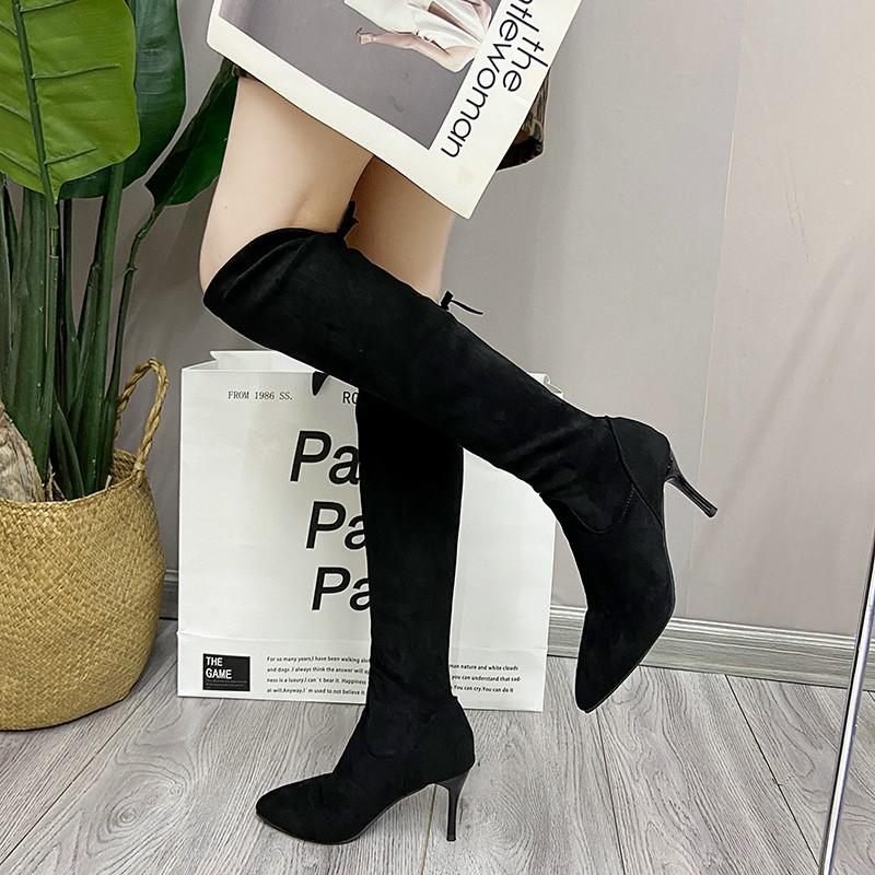 Fashion Women's Slim Heel Single Boots Fall New Pointed Cashmere Cotton Back Lace-up Wear-resistant Over-the-knee Boots