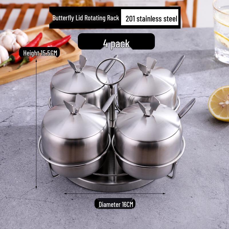 Gold Korean-Style Seasoning Jars, 201 Stainless Steel with Glass Lids On Tray, for Restaurant Use.