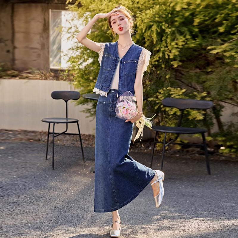 

2025 Summer Retro Lace Spliced Denim Jacket & Half Skirt Two-Piece Set for Women XL (60-68 kg)