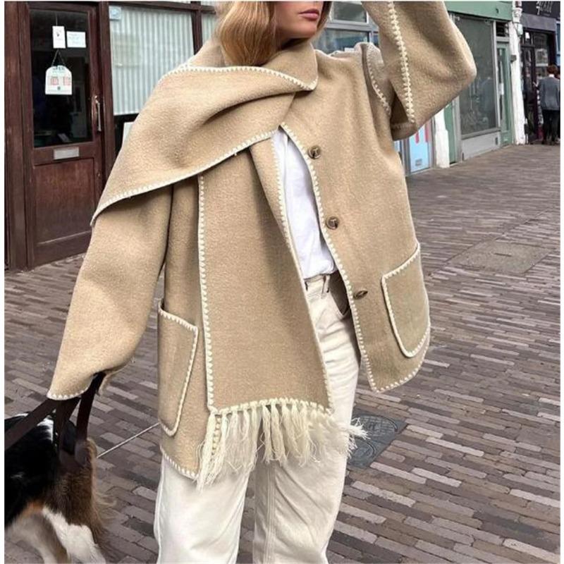 Fashion Scarf Collar Coat for Women Loose Winter Autumn Loose Jackets Elegant Tassel Streetwear Casual Chic Long Sleeve Jacket