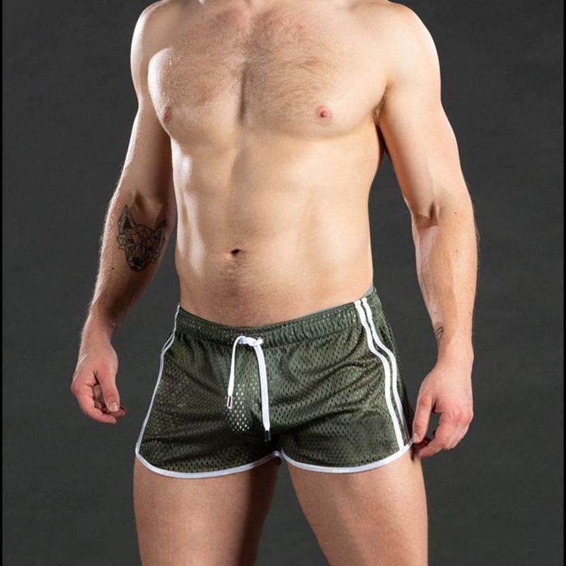 Summer Men Sport Shorts Color Matching Hollow Mesh Loose Drawstring Elastic Waist Quick Dry Jogging Gym Vacation Beach Shorts
