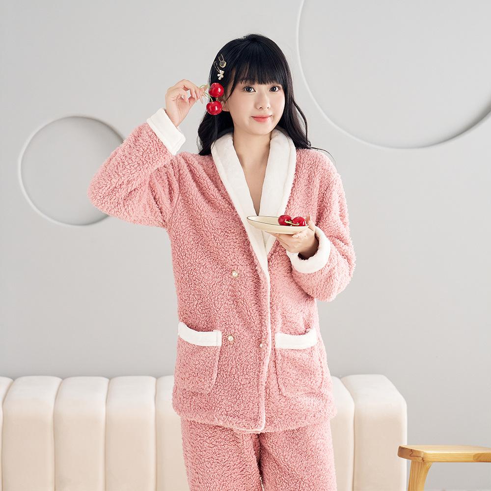 Female Sweet 2PCS Pajamas Set Autumn Winter Coral Fleece Sleepwear Trousers Pijamas Suit Thickened Warm Homewear Lounge Wear