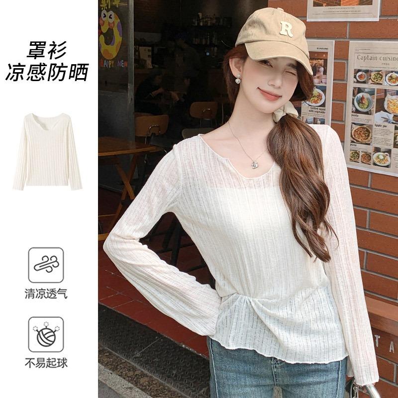 1 Linen fungus edge sunscreen blouse women's coat summer thin pure want loose slightly transparent long-sleeved shirt top