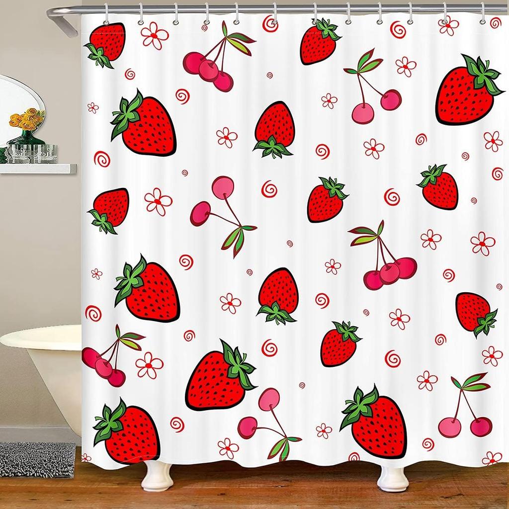 Erdbeer-Mädchen Rosa Duschvorhang Badezimmer Deko Frucht Sommer Kinder Schleifenmuster Schick Modern Frau Polyester Badewannenvorhang