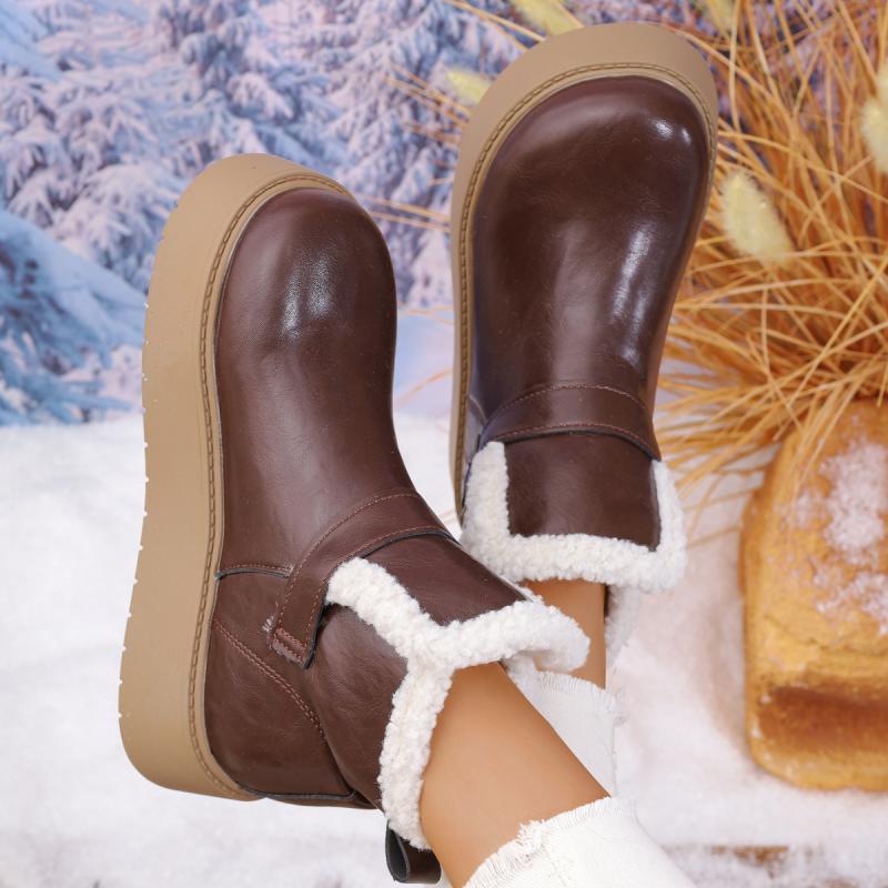 Thick Bottom Waterproof Pu Snow Boots Women 2025 Winter Metal Buckle Chunky Platform Furry Ankle Boots Warm Plush Casual Shoes