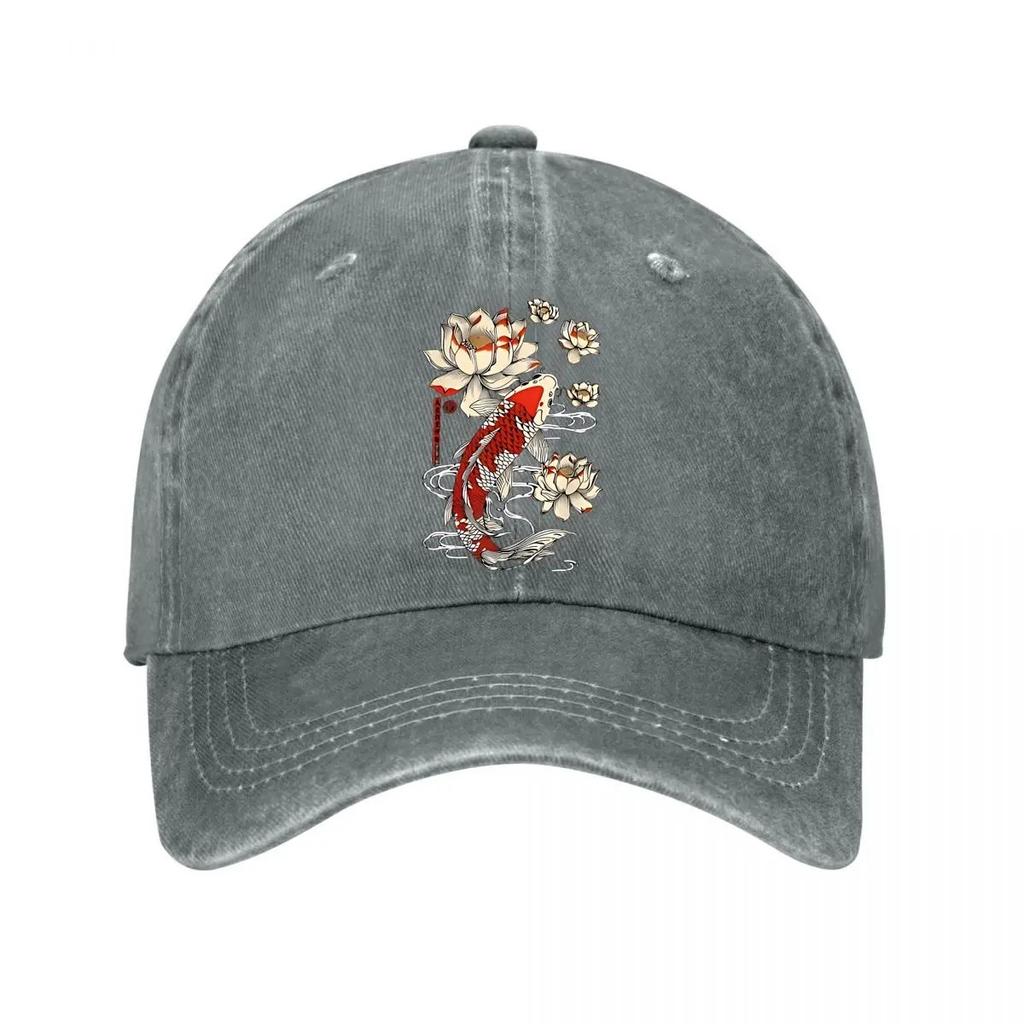 Koi-Fisch Lotus Grafik Gewaschene Baumwolle Baseballkappe Verstellbar Streetwear Hut