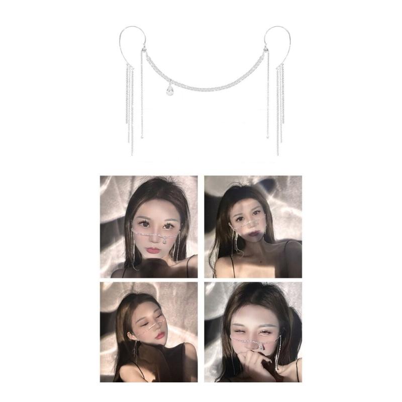 Bling Rhinestone Long Chain Tassels Pendant Face Jewelry for Women Party Accessories Crystal One Row Face Chain Jewelry