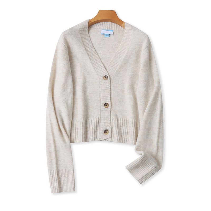 

Foreign Trade Autumn and Winter Women Knit V-neck Single-Breasted Loose Slimming Western Style Versatile Age Reducing Long sleeve Sweater Outerwear Rice apricot XL