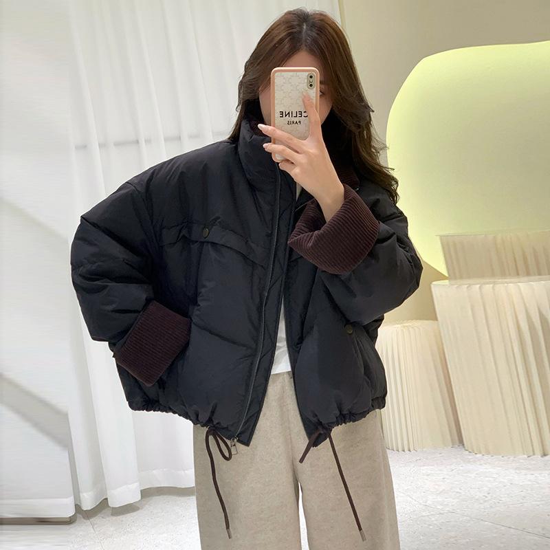 Corduroy contrasting color stand-up collar down jacket women's 2024 winter fashion sweet warm white duck down small bread jacket
