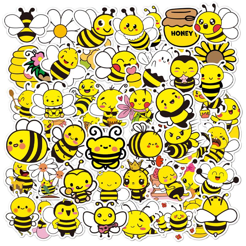 50 Pcs Bee Stickers Cute Cartoon Yellow Vinyl Waterproof Bee Animal Stickers for Water Bottles, Laptop, Package, Luggage