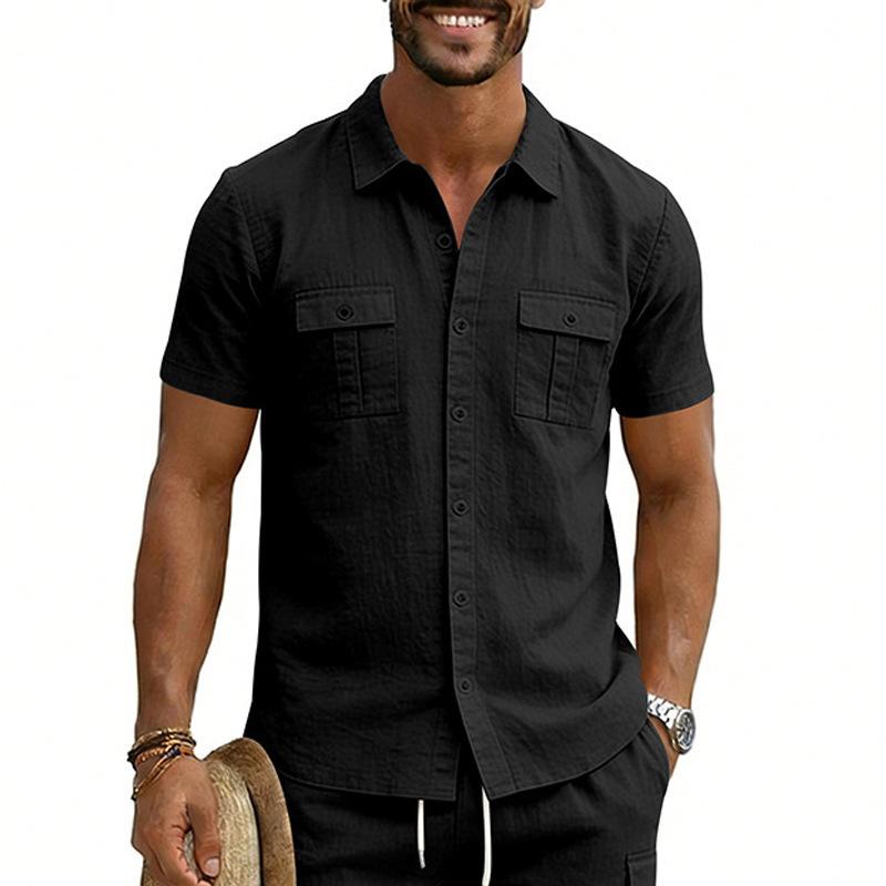 Cotton Linen Shirt Men Pocket Casual Beach Short Sleeve Solid Color Male Tops T-shirts Vintage Streetwear Comfort Casual Shirts