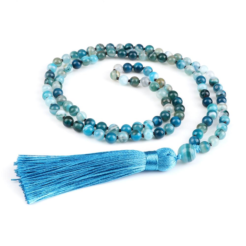 Handcrafted Bohemian Mala Chakra Beads Necklace with Tassel Stretchable Sweater Chain in Vibrant Colors for Meditation, Yoga - Jewelry светло-синий