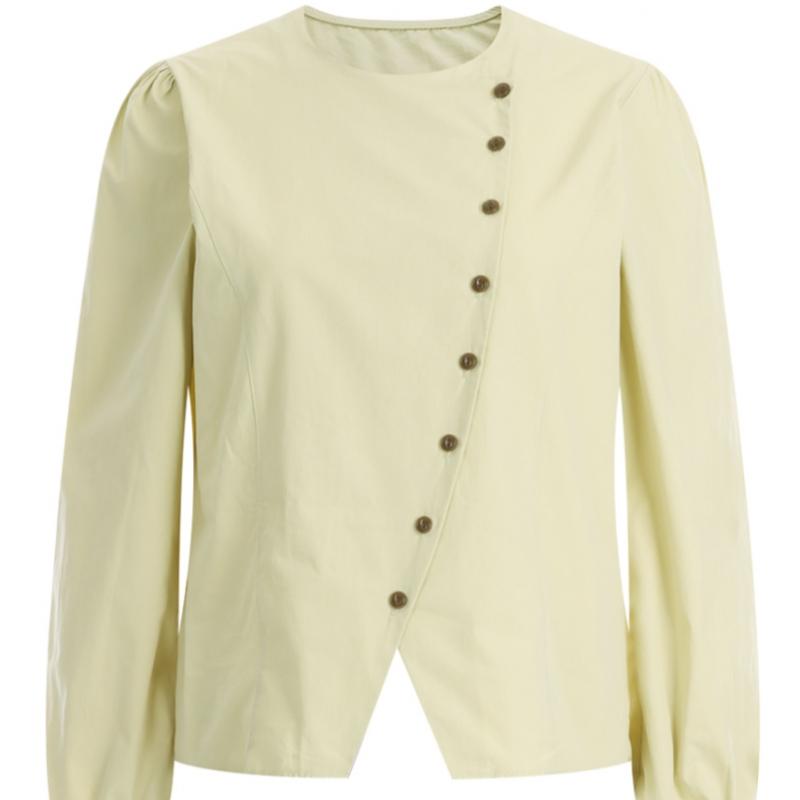 Shop   Women No Collar Asymmetrical Button Line Simple Shirring Blouse Ivory Egg