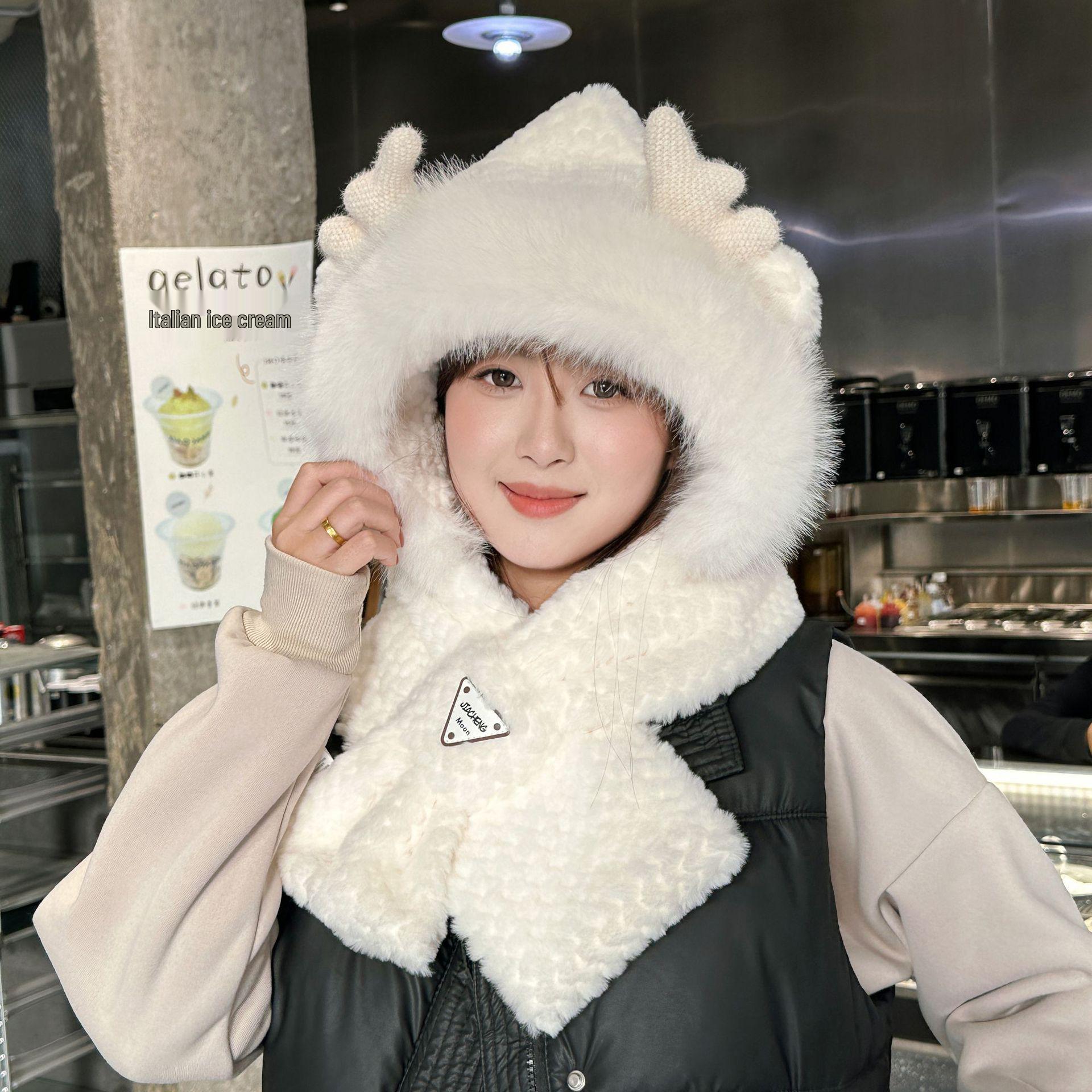 

Женский милый рождественский набор шапка, шарф и перчатки с рогами - на флисовой подкладке, утолщенный, теплый и универсальный.