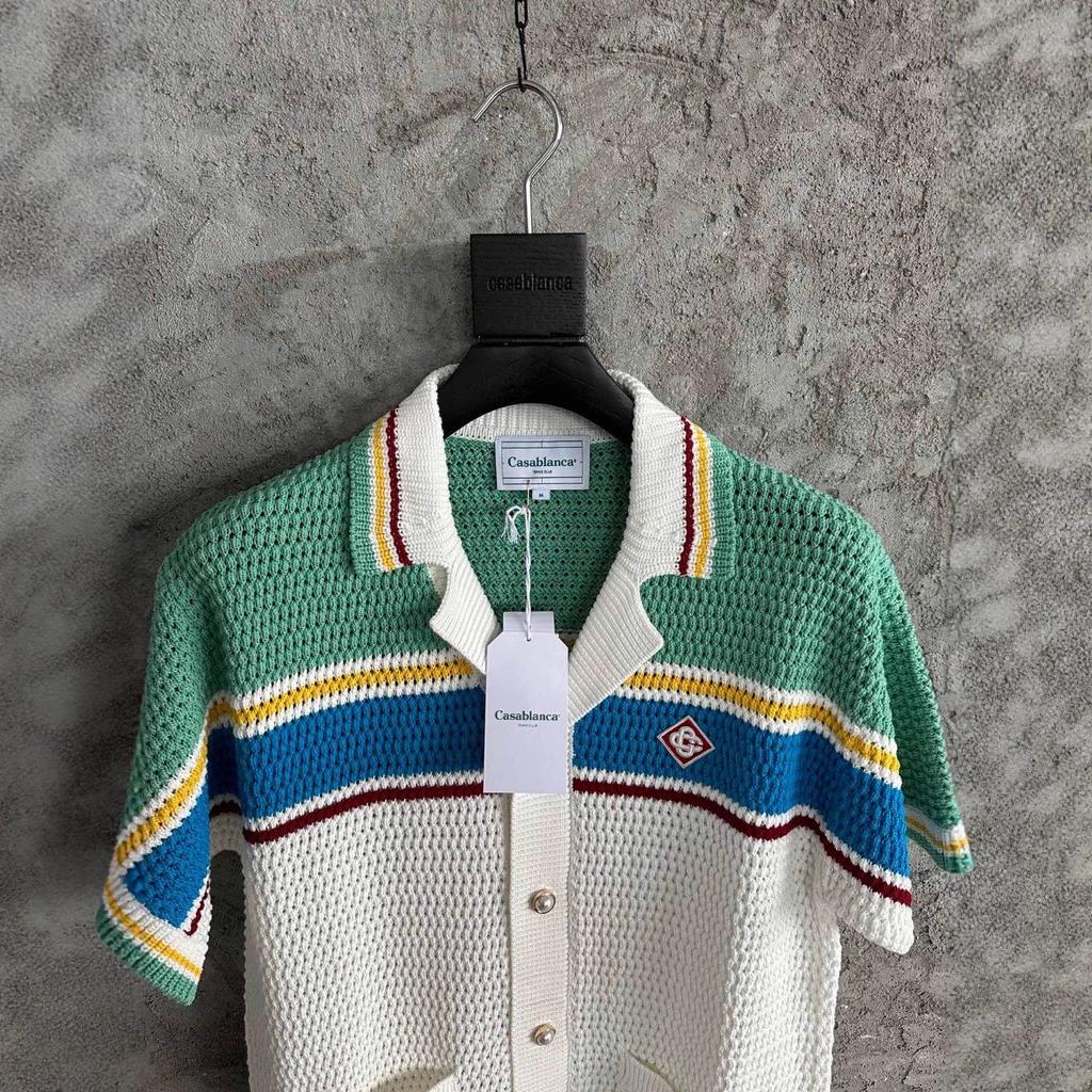 Auf Lager CASABLANCA Handgestrickter gestreifter Pullover-Cardigan aus reiner Baumwolle