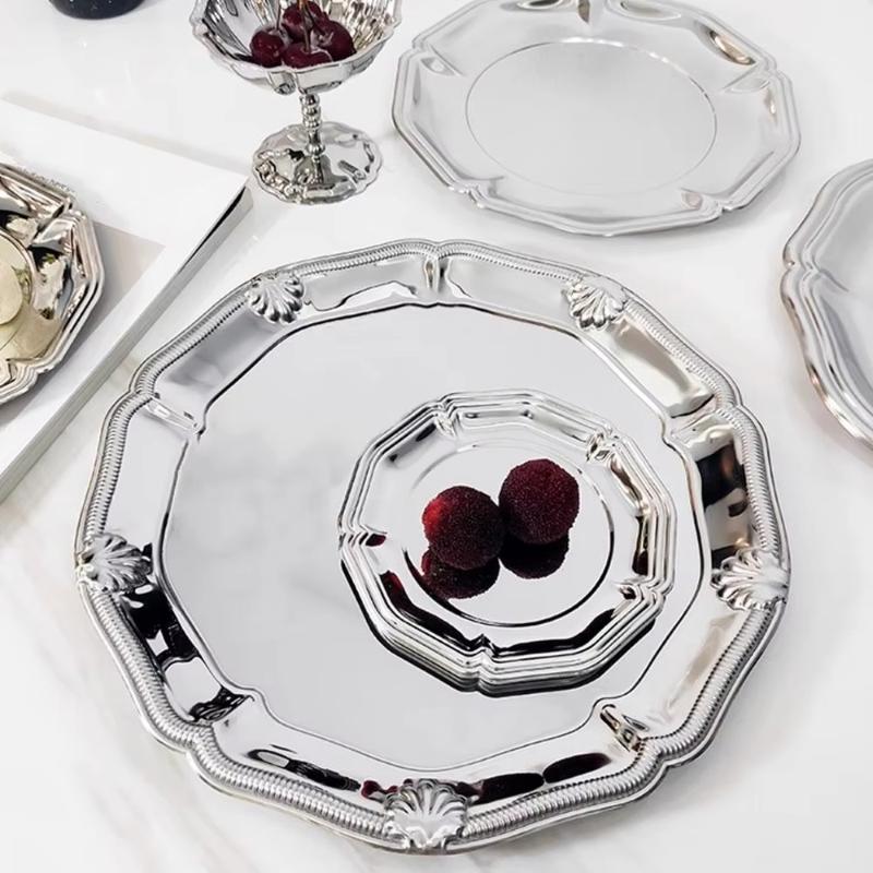 Silver Stainless Steel Cake Tray Round Mirror Surface Dessert Plate for Restaurant Buffet Food Display