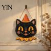 Outdoor Ghost Door Decorations Halloween Wooden Hanging Pendant with Lanyard, Retro Ghost/Pumpkin/Skull/Black Cat Black Wall Art for Front Porch Party