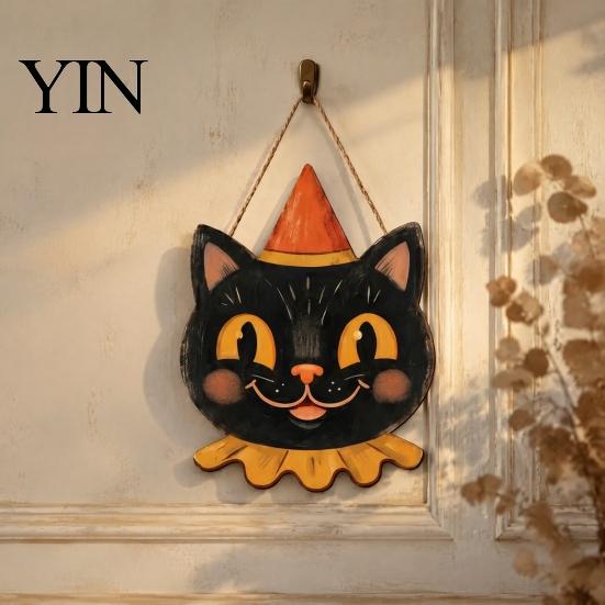 Outdoor Ghost Door Decorations Halloween Wooden Hanging Pendant with Lanyard, Retro Ghost/Pumpkin/Skull/Black Cat Black Wall Art for Front Porch Party
