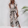 Women's 3D Printed Short Sleeve Collared Shirt Wide Leg Pants Casual Two Piece Outfit Summer Pant Suit
