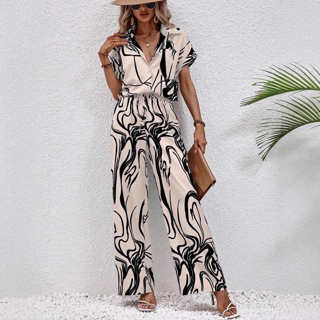 Women's 3D Printed Short Sleeve Collared Shirt Wide Leg Pants Casual Two Piece Outfit Summer Pant Suit