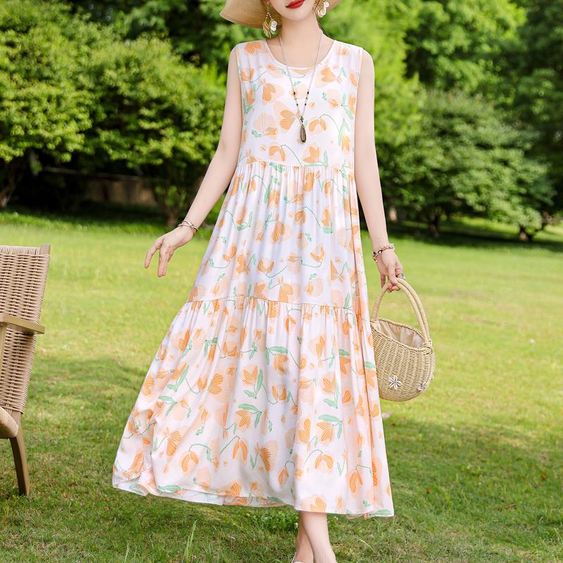 Elegant Sleeveless Dress for Women Plus Size Loose Vintage Print Long Dress Summer Middle-aged Women's Clothing