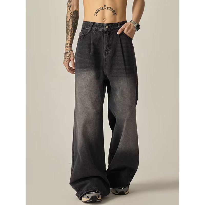 2024 Washed Black Men's Wide-Leg High-Waist Jeans - Loose Straight-Leg Casual Pants for Spring & Autumn, American Trend Style.