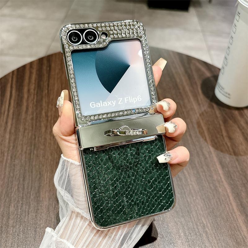 Diamond Frame 3pcs Folding Case For Samsung Galaxy Z Flip6 Flip5 Leather Shockproof Ring Holder Slim Hard PC Phone Cover