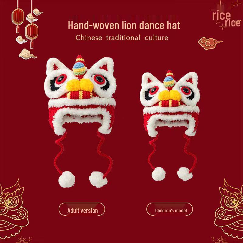 Lion Dance Parent-Child Wool Hat: Cute, Hand-Knitted, Warm Tiger Head for Autumn & Winter, Child & Adult Sizes.