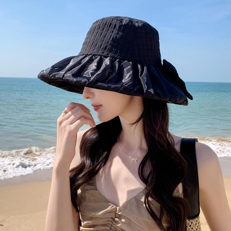 Summer new hat women's sunshade sunscreen bow bucket hat breathable mesh seaside beach sun hat