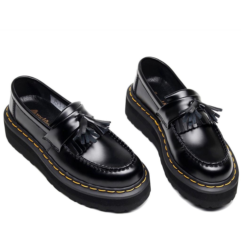 Lightweight - thick-soled fringed loafers women's leather low-top heightening black small leather shoes four-season boots