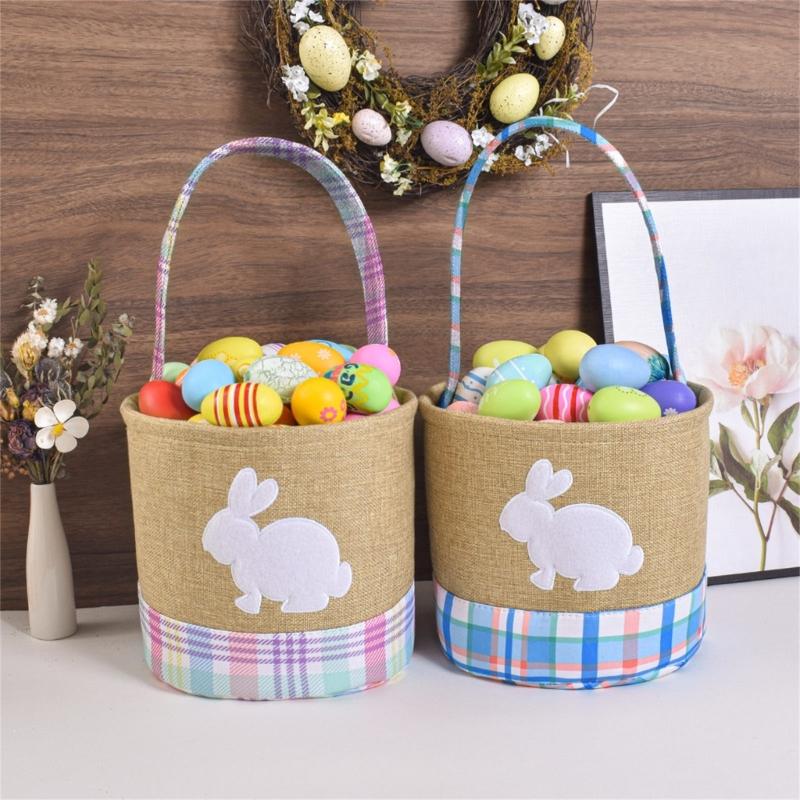 Reusable Striped Easters Decoration Basket Featuring Rabbit Patterns For Treat Storage And Tabletop Displays