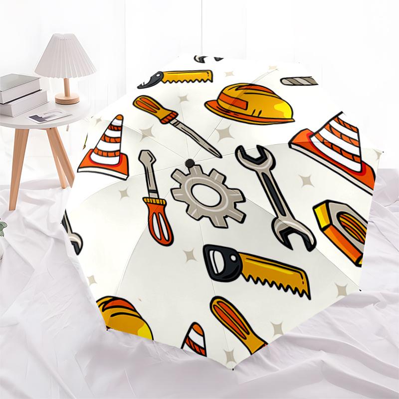 Construction Tools Pattern Automatic Opening Folding Umbrella - Portable 3-Fold Design with Iron Frame - Outdoor Rain Gear for Fans, Travele