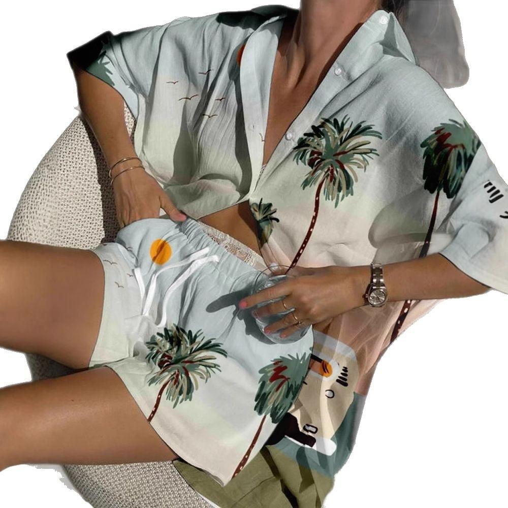 Flower 1116 Summer New Checked Pattern Short Sleeve Shirt Shorts Set
