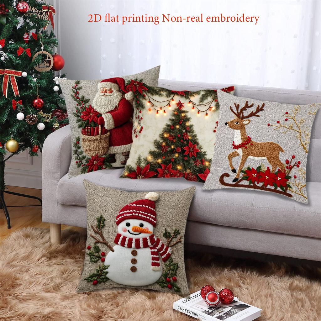 Christmas Cushions with Santa Snowman Deer Tree 2D Flat Printing Polyester Pillowcase, Sofa  Cushion Cov Headboard Pillow
