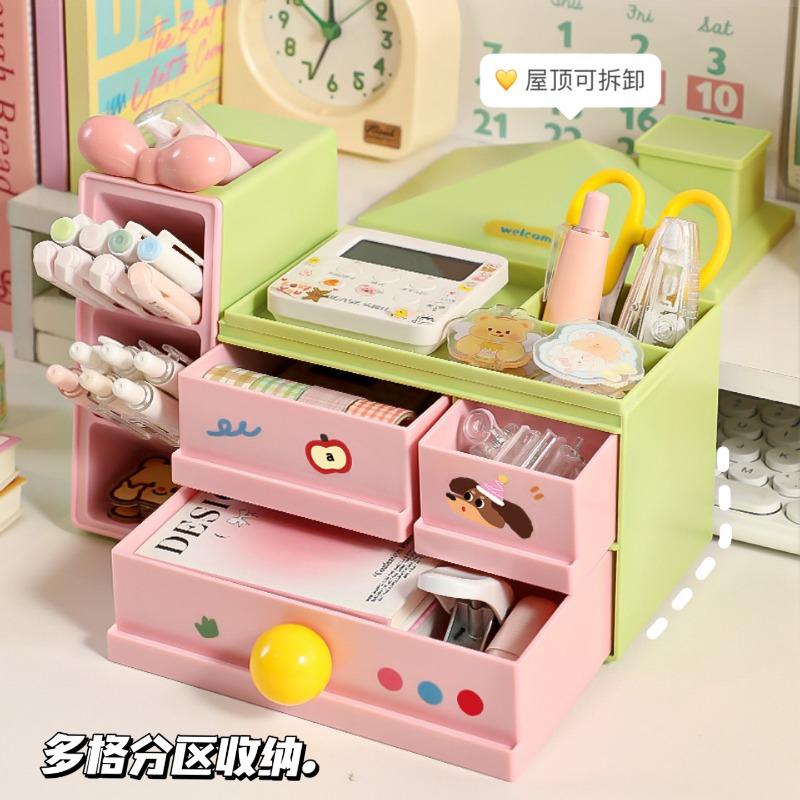Aesthetic Multifunctional Divided Drawer Desktop Pen Holder Storage Organizer For Girls