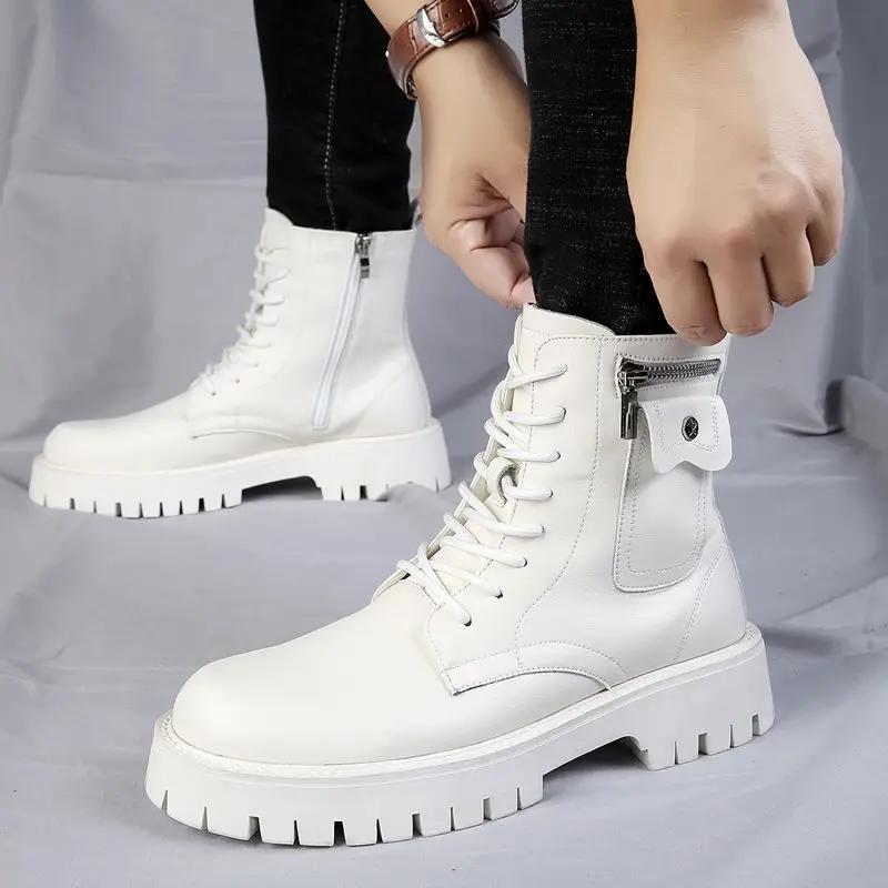High Quality Men Autumn Winter Short Boots 2025 New Fashion Zip Side Pocket Design Leather Anti-slip Lace-up Man Platform Shoes