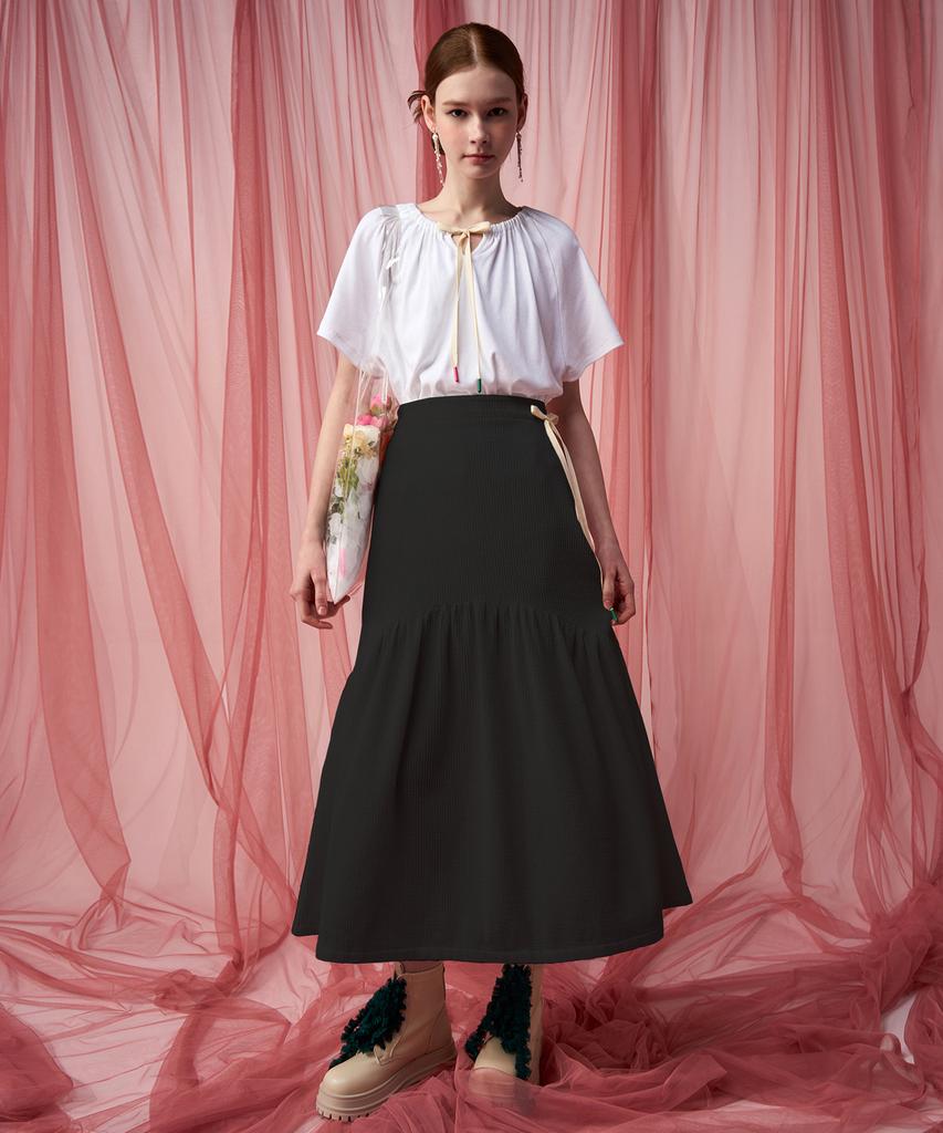 Pelimela Seersucker Flare Long Skirt (Black)