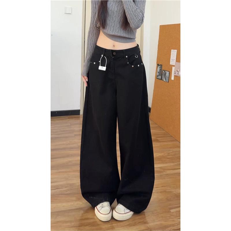 Women s Plus Size Retro Black High-Waisted Wide Leg Jeans with Pockets S