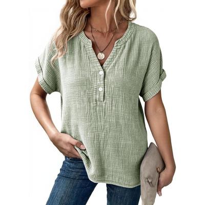 Damen Sommer Lässig V-Ausschnitt Kurzarm Knopfleiste Bluse